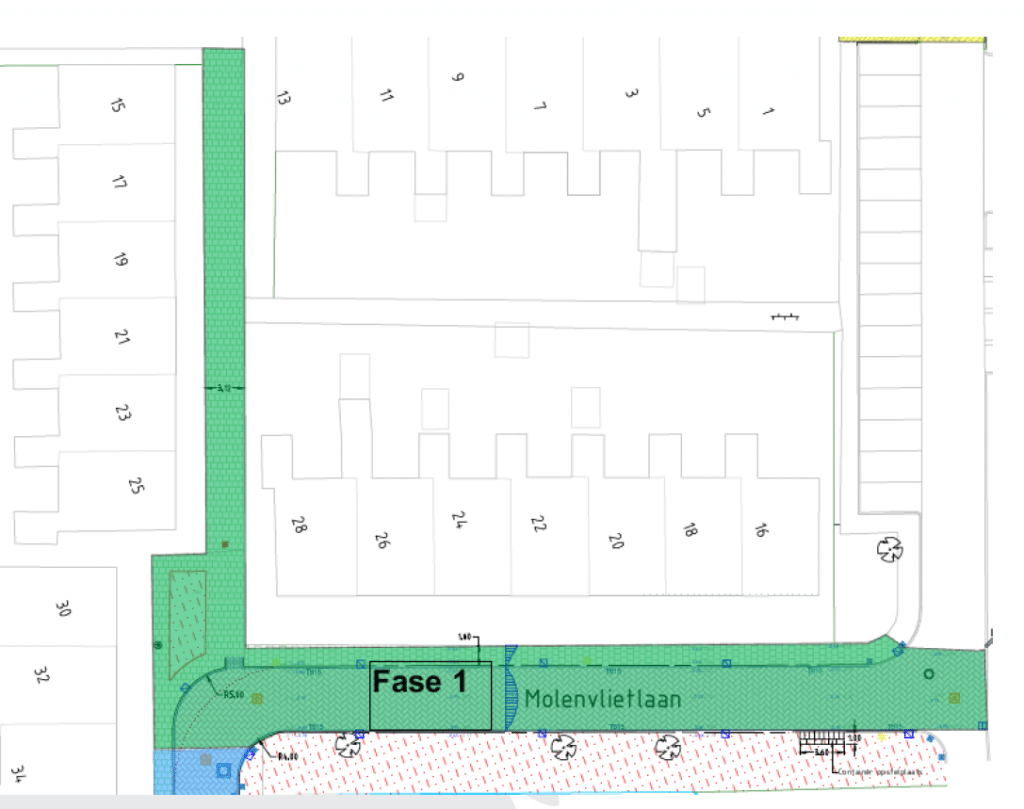 Overzichtskaartje van fase 1 van de werkzaamheden aan de Molenvlietlaan in Mijnsheerenland. 